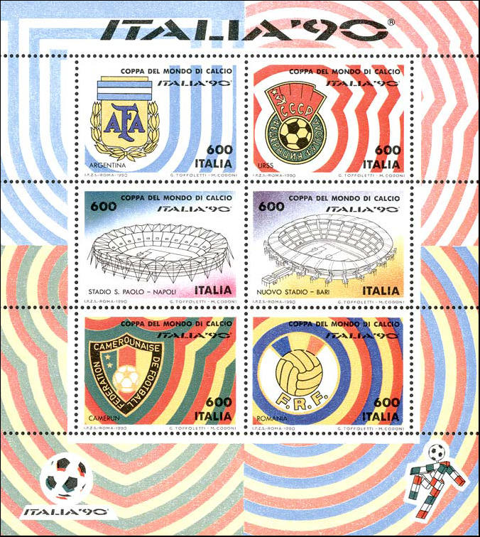 Francobollo Colori e Stemmi di Argentina, Urss, Camerun e Romania -  1990