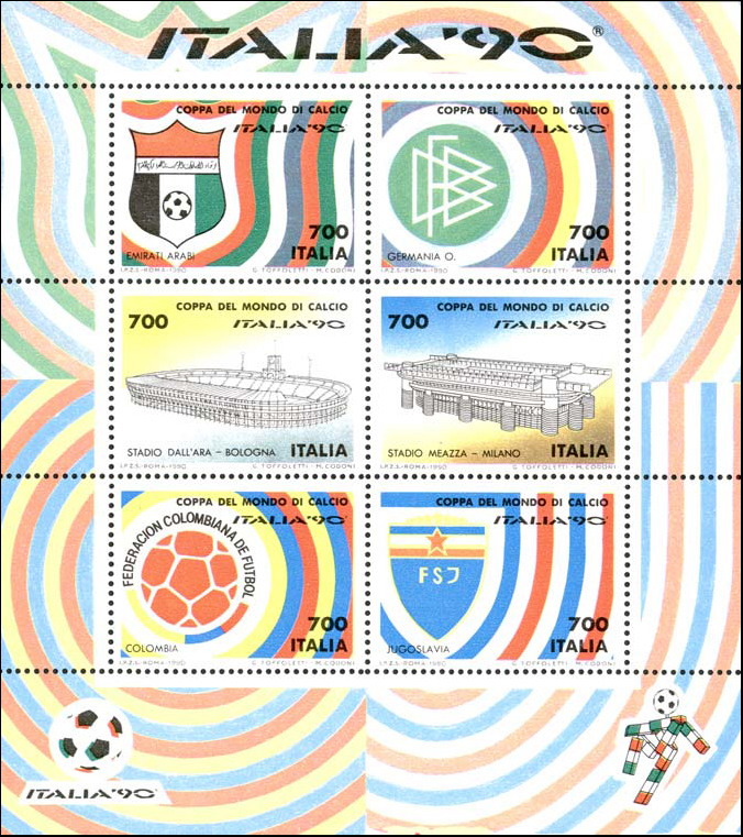 Francobollo Colori e Stemmi di Emirati Arabi, Germania occidentale, Colombia e Jugoslavia -  1990