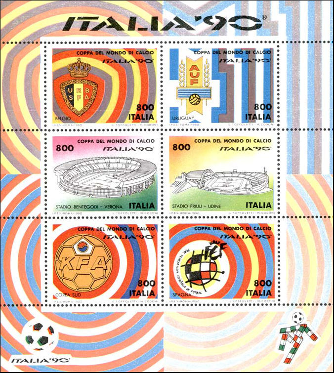 Francobollo Colori e Stemmi di Belgio, Uruguay, Corea del sud e Spagna -  1990