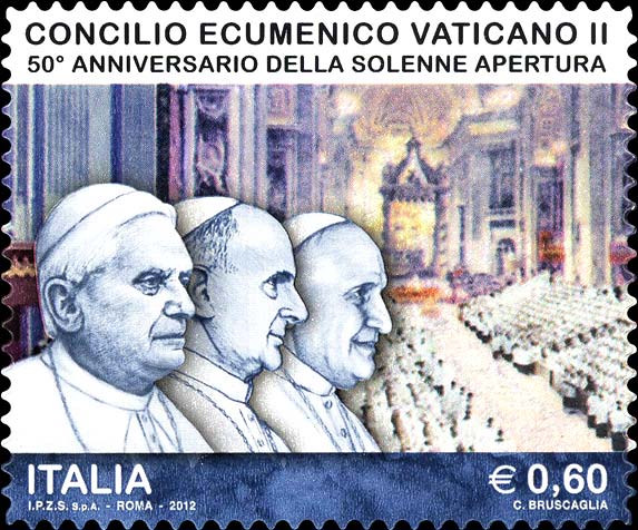 Francobollo Ritratti di Papa Benedetto XVI, Paolo VI, Giovanni XXIII e Interno della Basilica di S. Pietro -  2012