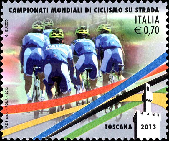 Francobollo Ciclisti e Sagoma del Palazzo Vecchio di Firenze -  2013