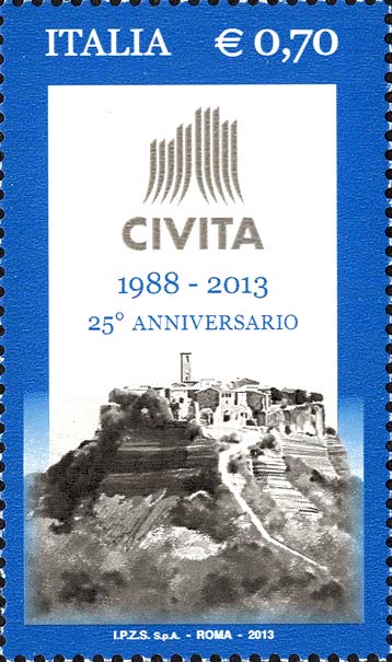 Francobollo Logo dell'Associazione e Panorama del Borgo di Civita di Bagnoregio -  2013