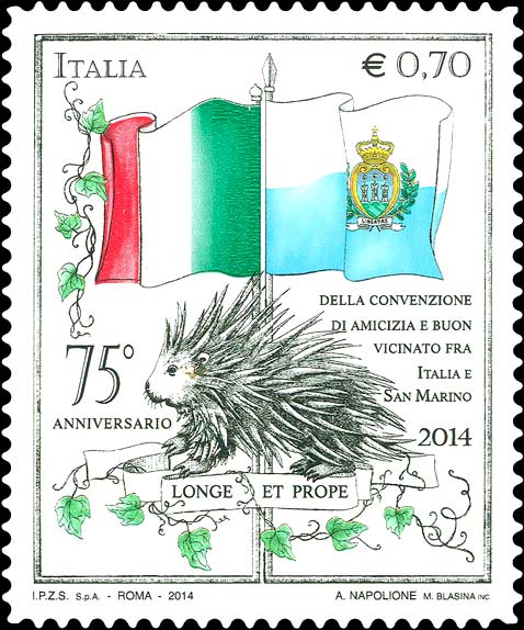 Francobollo Bandiera Italiana, Bandiera di San Marino e Porcospino -  2014
