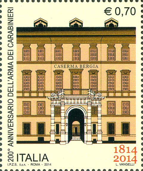 Francobollo Facciata della Caserma "Bergia" a Torino -  2014