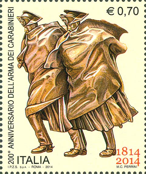 Francobollo Pattuglia di Carabinieri nella Tormenta, Scultura di A. Berti -  2014