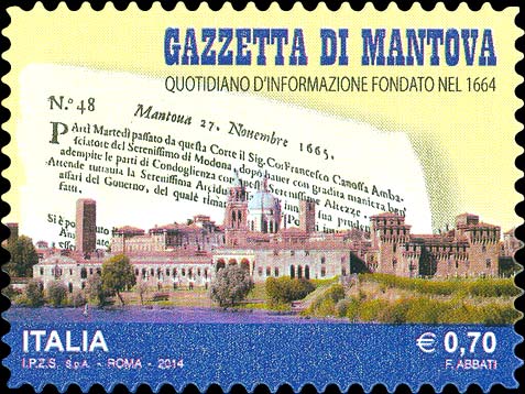 Francobollo Panorama di Mantova e Prima Pagina della Gazzetta -  2014