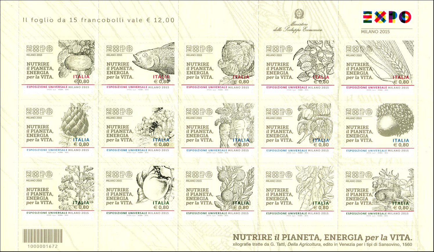 Francobollo Xilografie Tratte dal Testo "Della Agricoltura" di G. Tatti -  2015