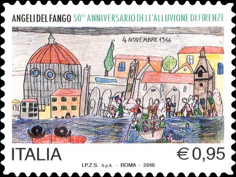 Francobollo Disegno Raffigurante l'Alluvione di Firenze del 1966 -  2016