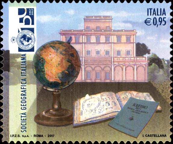 Francobollo Palazzetto Mattei in Villa Celimontana a Roma, Mappamondo e Taccuino -  2017