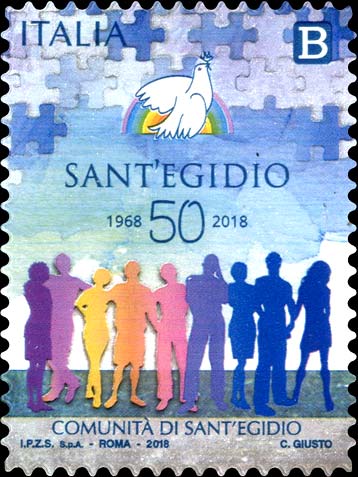 Francobollo Colomba, Arcobaleno e Silhouettes di Uomini e Donne -  2018