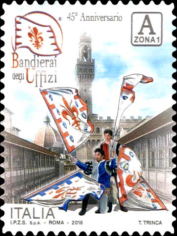 Francobollo Bandierai degli Uffizi, Galleria degli Uffizi, Palazzo Vecchio e Cupola del Brunelleschi di Santa Maria del Fiore -  2018