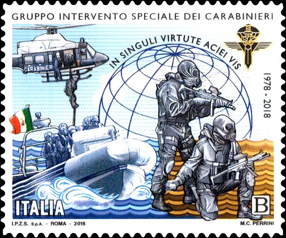 Francobollo Azioni del Gruppo di Intervento dell'Arma dei Carabinieri Eseguite in Cielo, Mare e Terra -  2018