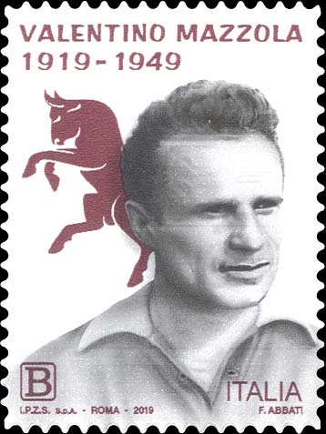 Francobollo Ritratto di Valentino Mazzola e Stemma del Grande Torino -  2019