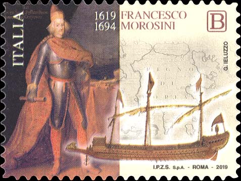 Francobollo Francesco Morosini, Galea e Carta Geografica del Regno di Morea -  2019