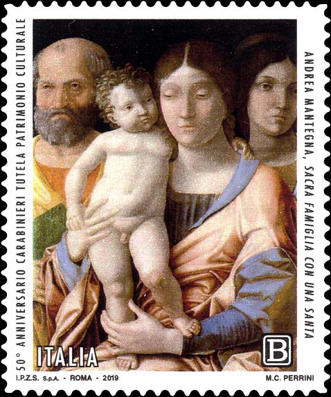 Francobollo Sacra Famiglia con una Santa, Opera di Mantegna -  2019