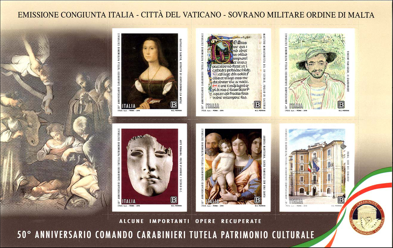 Francobollo La Natività con i Santi Lorenzo e Francesco d'Assisi, Opera del Caravaggio -  2019