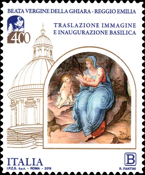 Francobollo Affresco della Beata Vergine della Ghiara e Basilica della Madonna della Ghiara in Grafica Stilizzata -  2019