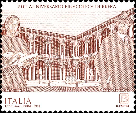 Francobollo Cortile Interno della Pinacoteca di Brera, Fernanda Wittgens ed Ettore Modigliani -  2019