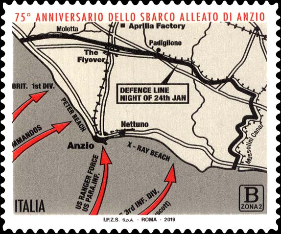 Francobollo Mappa Geografica con i Luoghi dello Sbarco di Anzio -  2019