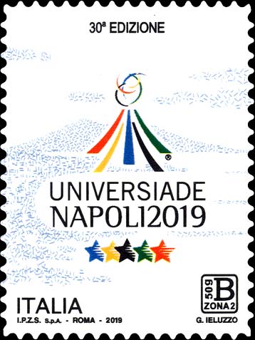 Francobollo Logo dell'Universiade Estiva 2019, Golfo di Napoli e Vesuvio -  2019