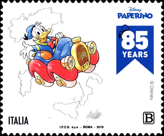 Francobollo Paperino, 313 e Sagoma dell'Italia (Fogli da 28) -  2019