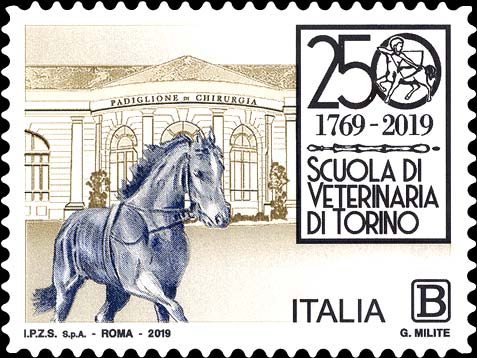 Francobollo Antica Sede della Facoltà di Medicina Veterinaria di Torino e Cavallo -  2019