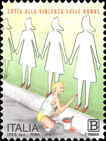 Francobollo Murale su cui sono Disegnate Silhouette di Donne alle Quali una Bambina Colora le Scarpe di Rosso, Simbolo della Lotta Contro il Femminicidio e la Violenza sulle Donne -  2019
