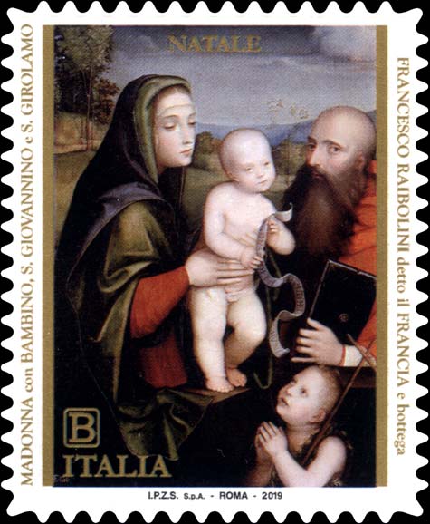 Francobollo Madonna con Bambino, San Giovannino e San Girolamo, Opera di Francesco Raibolini -  2019