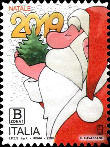 Francobollo Babbo Natale che Sorregge in Mano un Albero di Natale -  2019