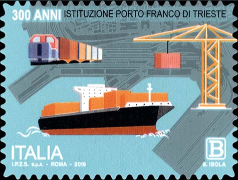 Francobollo Mappa del Porto di Trieste, Treno, Gru e Nave Mercantile -  2019