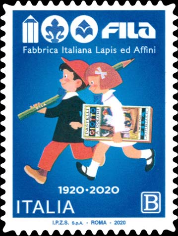 Francobollo Due Scolari con una Scatola di Pastelli a colori e una Matita -  2020