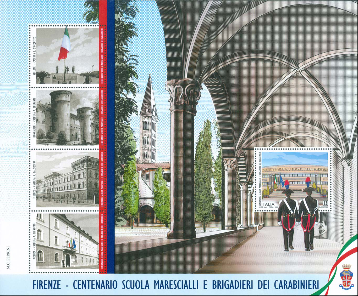 Francobollo Carabinieri e Chiostro della Basilica di Santa Maria Novella di Firenze (Blocco Foglietto) -  2020