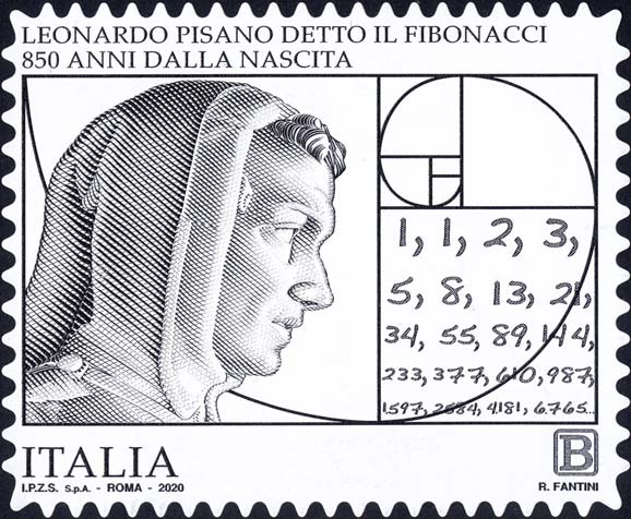 Francobollo Statua di Leonardo Pisano detto il Fibonacci, Sezione Aurea e Primi Numeri della Successione di Fibonacci -  2020