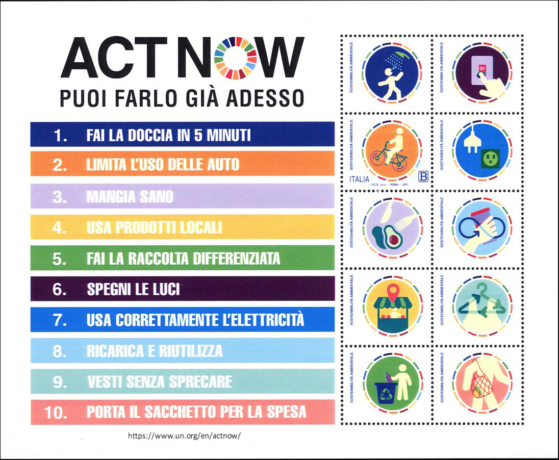 Francobollo Dieci Azioni Quotidiane Promosse dalla Campagna delle Nazioni Unite Act Now -  2021