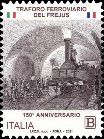 Francobollo Passaggio della Prima Locomotiva Sotto il Tunnel del Frejus -  2021