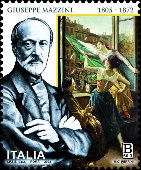 Francobollo Ritratto di Giuseppe Mazzini e Episodio delle Cinque Giornate, Opera di Carlo Stragliati -  2022