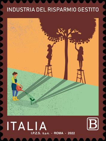Francobollo Donna che Innaffia un Germoglio da cui si Proiettano le Silhouette di due Giovani Intenti a Raccogliere i Futuri Frutti -  2022