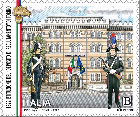 Francobollo Carabinieri in Uniforme e Caserma Cernaia di Torino -  2022