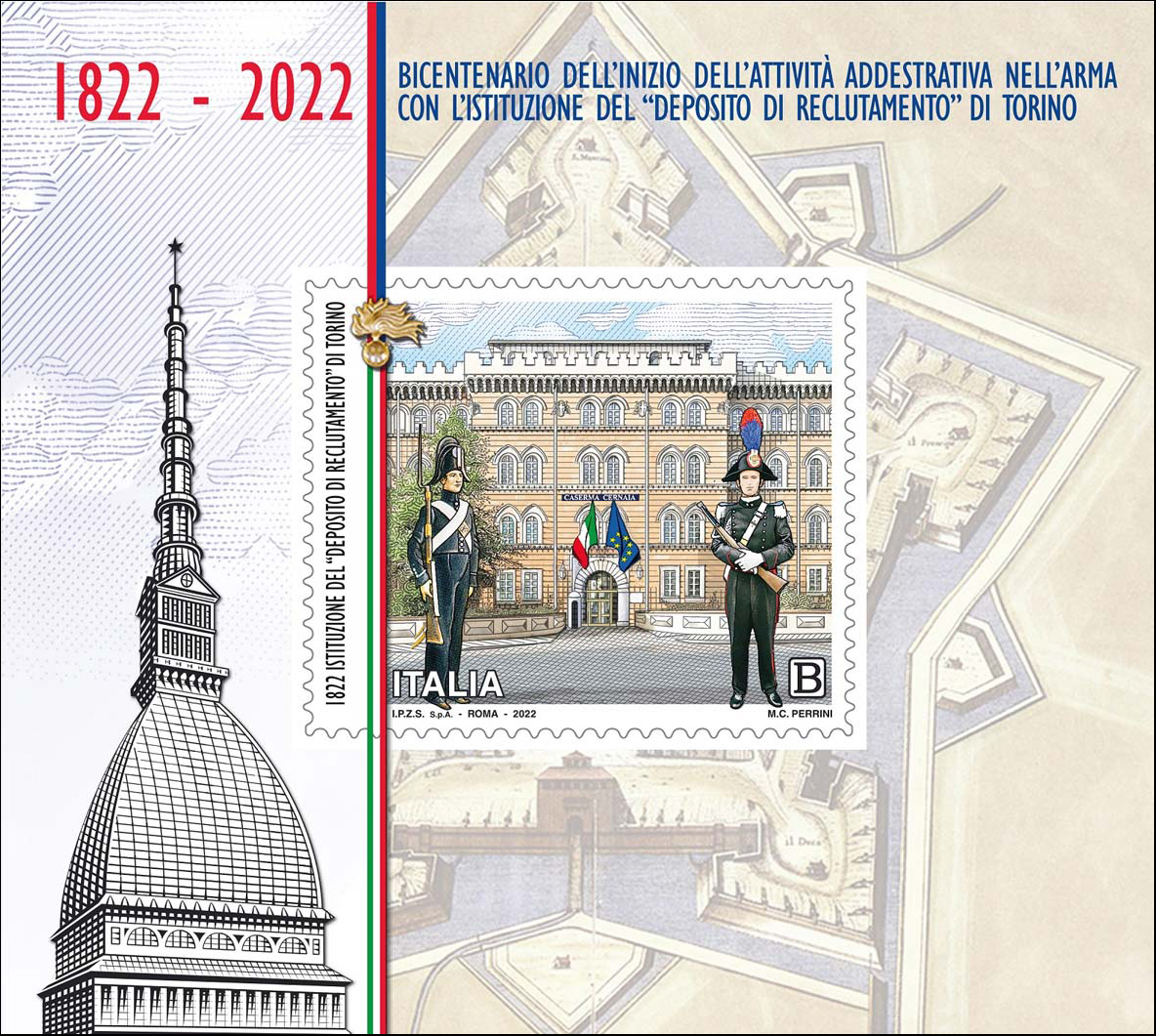 Francobollo Mole Antonelliana. Carabinieri in Uniforme e Caserma Cernaia di Torino -  2022