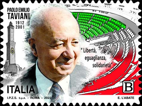 Francobollo Ritratto di Paolo Emilio Taviani, Lanterna di Genova e Aula del Senato -  2022