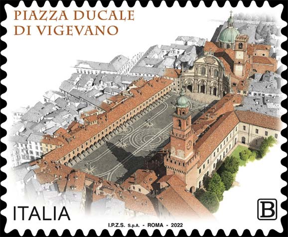 Francobollo Vista Aerea della Piazza Ducale di Vigevano -  2022