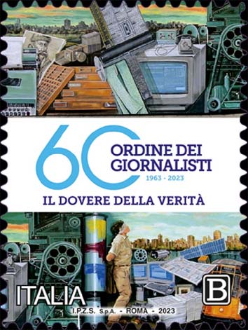 Francobollo Allegoria sul Mondo dei Giornali, Opera di Luigi Vigevano -  2023