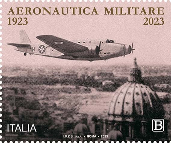 Francobollo Siai Marchetti S.82 Marsupiale in Volo Sopra Roma e la Città del Vaticano -  2023