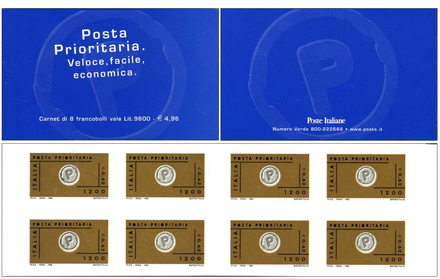 Francobollo Logo di Posta Prioritaria e Diciture (8 Esemplari da 1200 Lire) -  1999