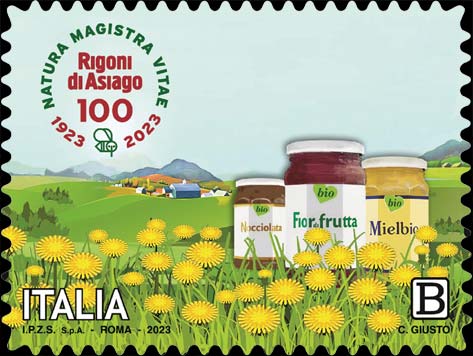 Francobollo Vasetti di Prodotti Biologici e Prato di Fiori di Tarassaco -  2023