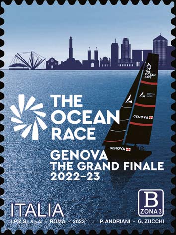 Francobollo Barca a Vela e Profili di Edifici di Genova -  2023