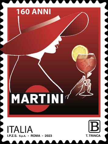 Francobollo Profilo Femminile Stilizzato con Cappello a Falda Larga che Tiene in Mano un Calice di Martini -  2023
