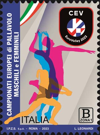 Francobollo Logo dei Campionati e Pallavolisti Stilizzati -  2023