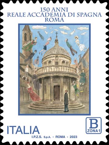 Francobollo Personaggi Intorno al Tempietto del Bramante, Illustrazione di Tyto Alba -  2023