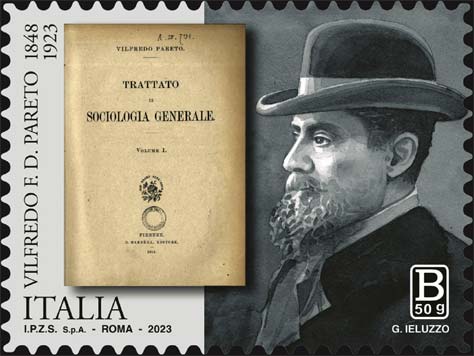 Francobollo Ritratto di Vilfredo Federico Damaso Pareto e Frontespizio del Trattato di Sociologia Generale -  2023